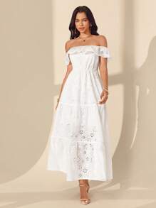 Almamuse 女士白色露肩花卉休闲长裙 - 白色 - 查看 7