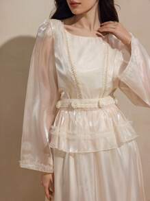 Graceveil 2pcs/Set Women's Solid Color Round Neck Long Sleeve Ruffle Hem Shift Dress Fall Cloth For Women