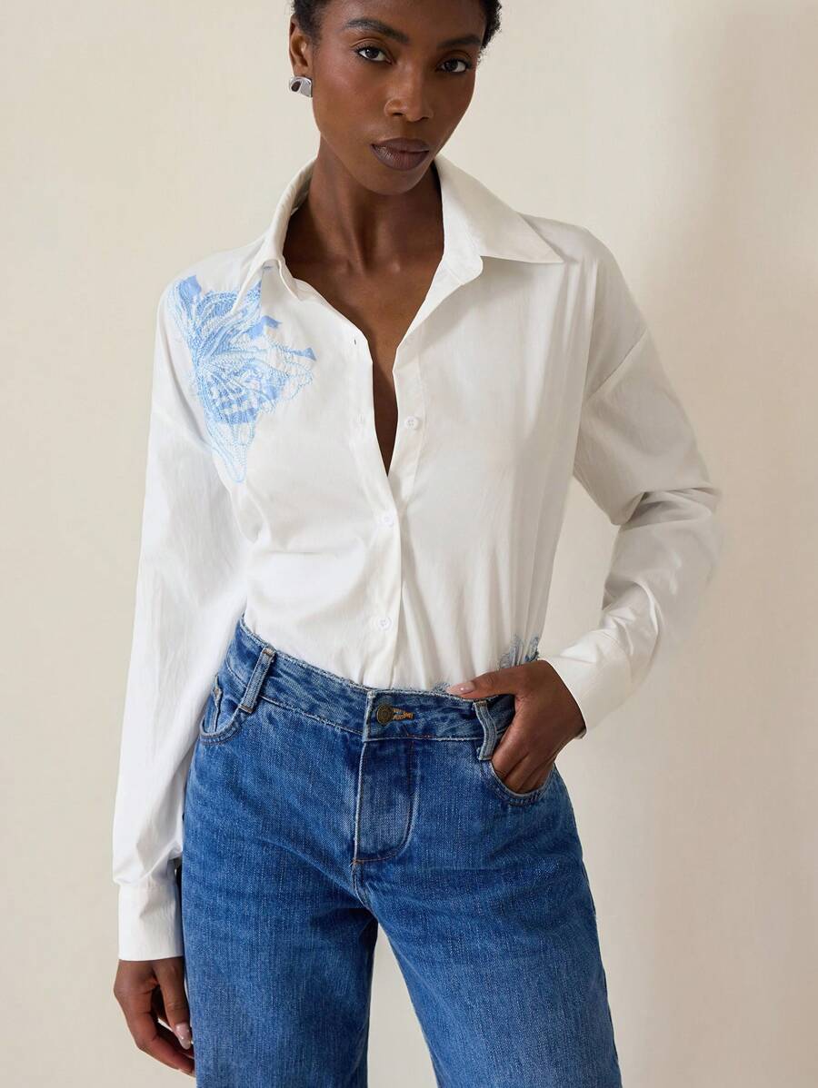 SHEIN Privé French Retro Embroidered Collar Embroidery Print Long Sleeve Blouse For Women Fall Cloth For Women - White - View 1