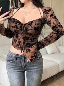 DAZY 女士春夏荷叶边抽绳系带吊带背心度假修身植绒全图案碎花短款上衣 T 恤网眼长袖，秋季女装 - 棕色 - 查看 10