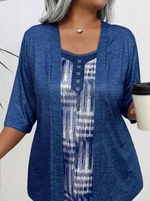 Plus Size Casual Loose Everyday Simple 2 In 1 T-Shirt - Navy Blue - View 1