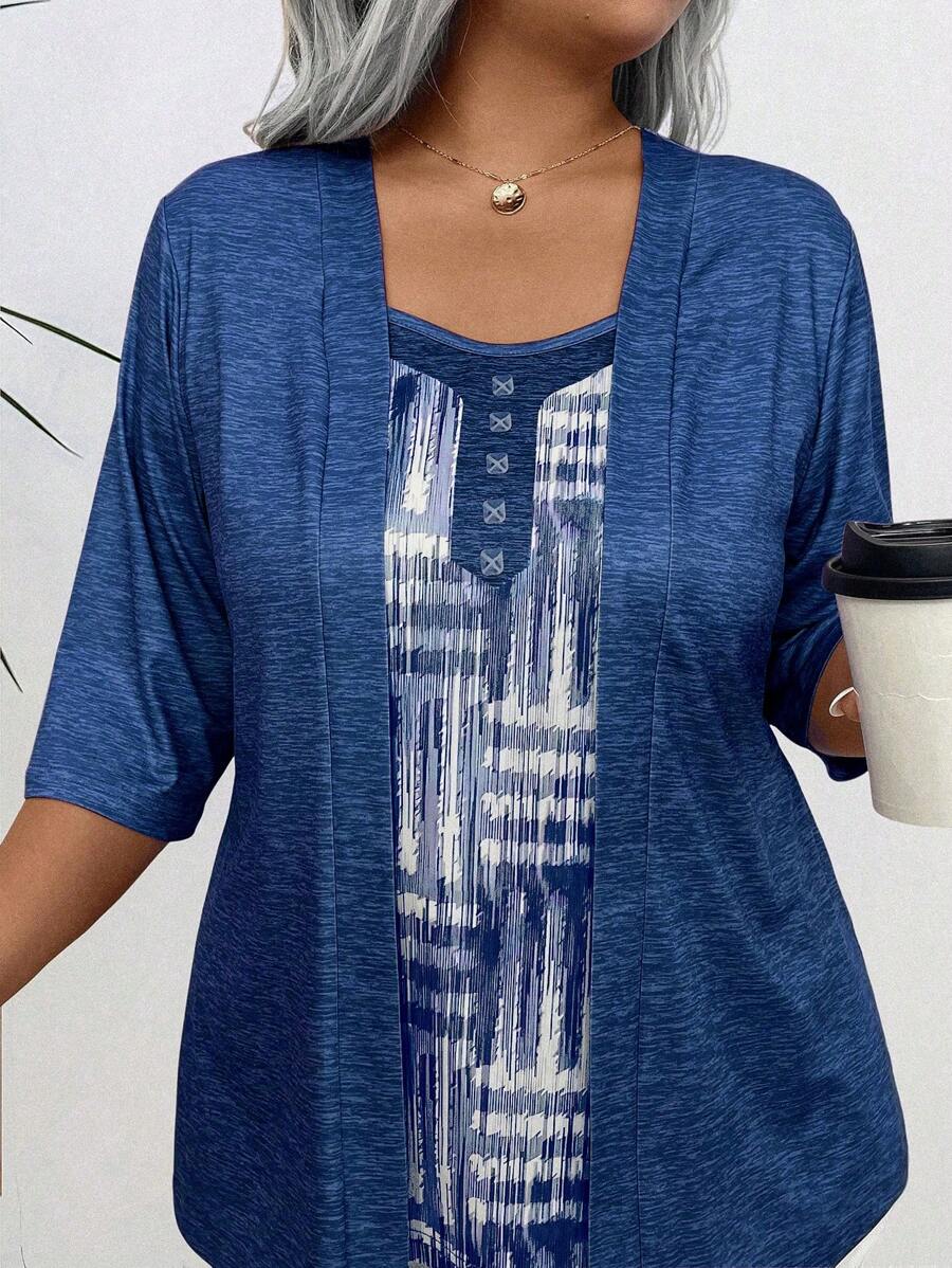 Plus Size Casual Loose Everyday Simple 2 In 1 T-Shirt - Navy Blue - View 1