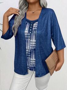 Plus Size Casual Loose Everyday Simple 2 In 1 T-Shirt - Navy Blue - View 5