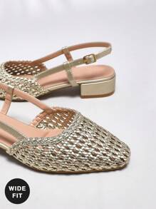 SHUZIA 女士宽版露跟日常简约可爱性感高跟鞋 - 金色 - 查看 3