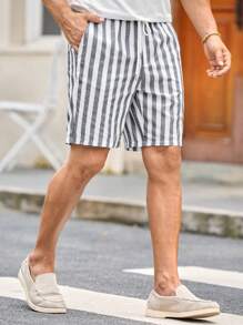 Manfinity VCAY Men Cotton Letter Patched Striped Drawstring Waist Shorts