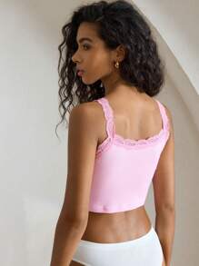 Ocili Leisure Women's Ribbed Lace Trim Pink Sleepwear Top