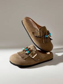 Solecia Giày bệt nữ thường ngày đa năng có trang trí tua rua - xanh quân đội - Xem 6