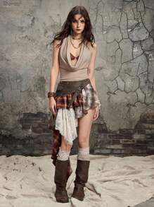 ROMWE Grunge Punk Y2K 朋克摇滚仿皮拼布格子蕾丝不对称下摆分层迷你裙 - 彩色 - 查看 2