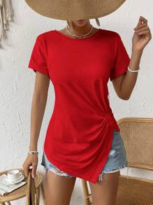 SHEIN LUNE 大码女式纯色圆领蝙蝠袖短袖扭纹下摆T恤，夏季 - 紅色 - 查看 6