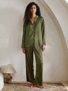 Ocili Leisure Women's Silky Satin Comfy Loose Long Sleeve Top And Pants Pajama Set Holiday Season, Fall Winter Clothes Cozy And Elegant Details - Green - View 5