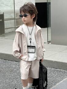 Dazy Kids Young Boy Letter Print Hoodie + Pocket Design Shorts Outfit, Summer - Beige - View 5