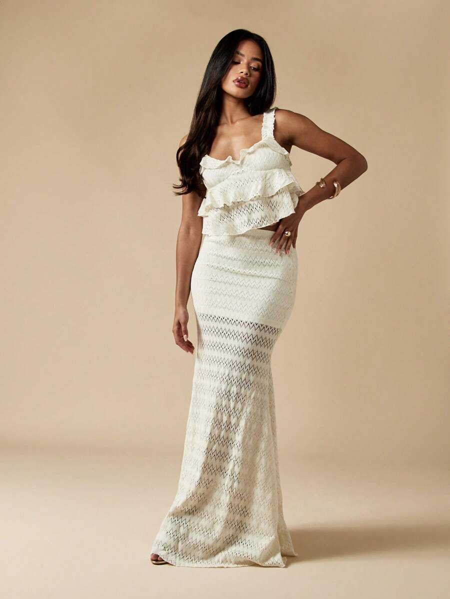 MISSGUIDED Lace Two Piece Set Ruffle Cami Top Maxi Skirt Evening Party Wedding Guest Beach Vacation Summer Dress - Apricot - View 1