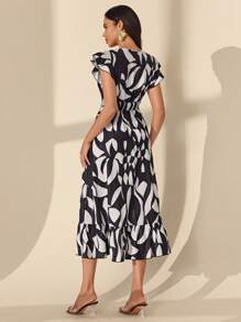 Chiquease Damen elegantes Kleid mit geometrischem Muster in Länge - Schwarz und Weiss - Übersicht 2