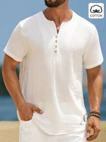 Manfinity Homme Men's 100% Cotton Crew Neck Short Sleeve Shirt Men Vacation Tops Men Summer Tops - White - View 1