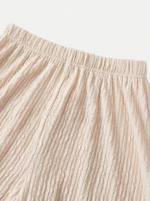 SHEIN 青少年女孩休闲时尚百搭针织纹理圆领褶皱腰修身短袖上衣和宽松阔腿长裤套装，周末休闲出游，返校 - 卡其色 - 查看 10