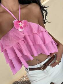 SHEIN EZwear بلوزة نسائية عادية للعطلة بياقة على شكل حبال مضفرة وذيل غير متماثل بلون الفوشيا