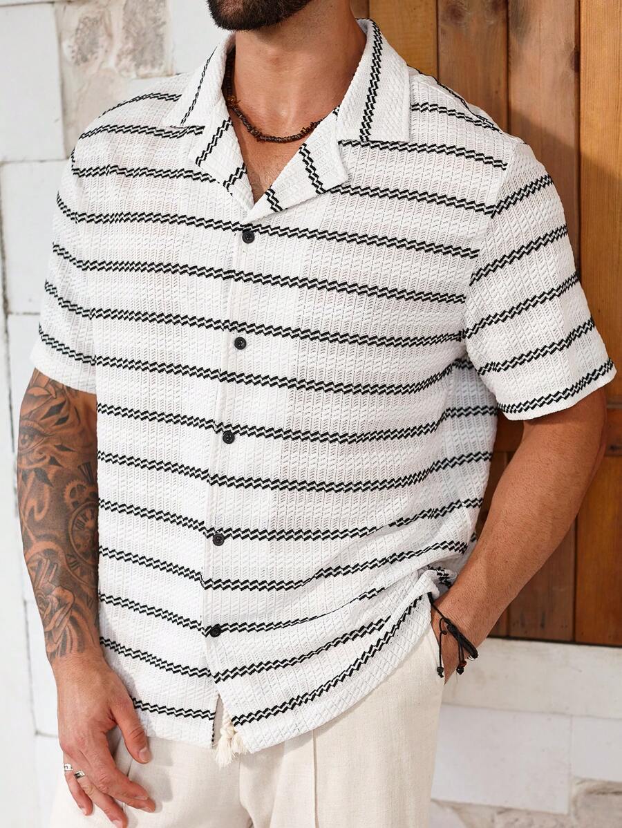 Manfinity Homme Plus Size Men's Casual Striped Short Sleeve Shirt, Summer - Multicolor - View 1