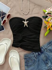 Soleia Áo thun nữ bó sát vải dệt kim màu trắng có họa tiết hình sao biển, viền áo bất đối xứng, áo cánh thời trang ôm vừa vặn gợi cảm cho tiệc tùng, hẹn hò, ngày lễ tình nhân, lễ hội âm nhạc, du thuyền trên bãi biển nghỉ dưỡng mùa xuân hè - màu đen - Xem 3