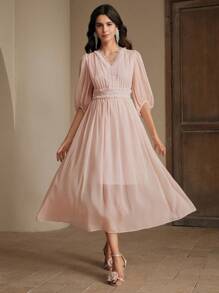 Anewsta 优雅蕾丝边V领大气优雅女装 - 粉色 - 查看 7