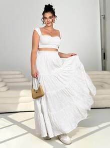 Solflare Váy xòe dài màu trắng có dây thắt lưng dành cho nữ Plus Size - trắng - Xem 3