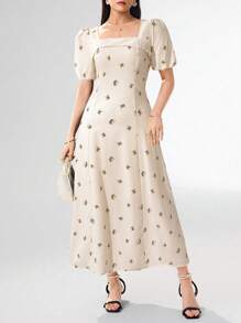 Heiryn Women Ditsy Floral Square Neck Puff Sleeve Dress, Elegant