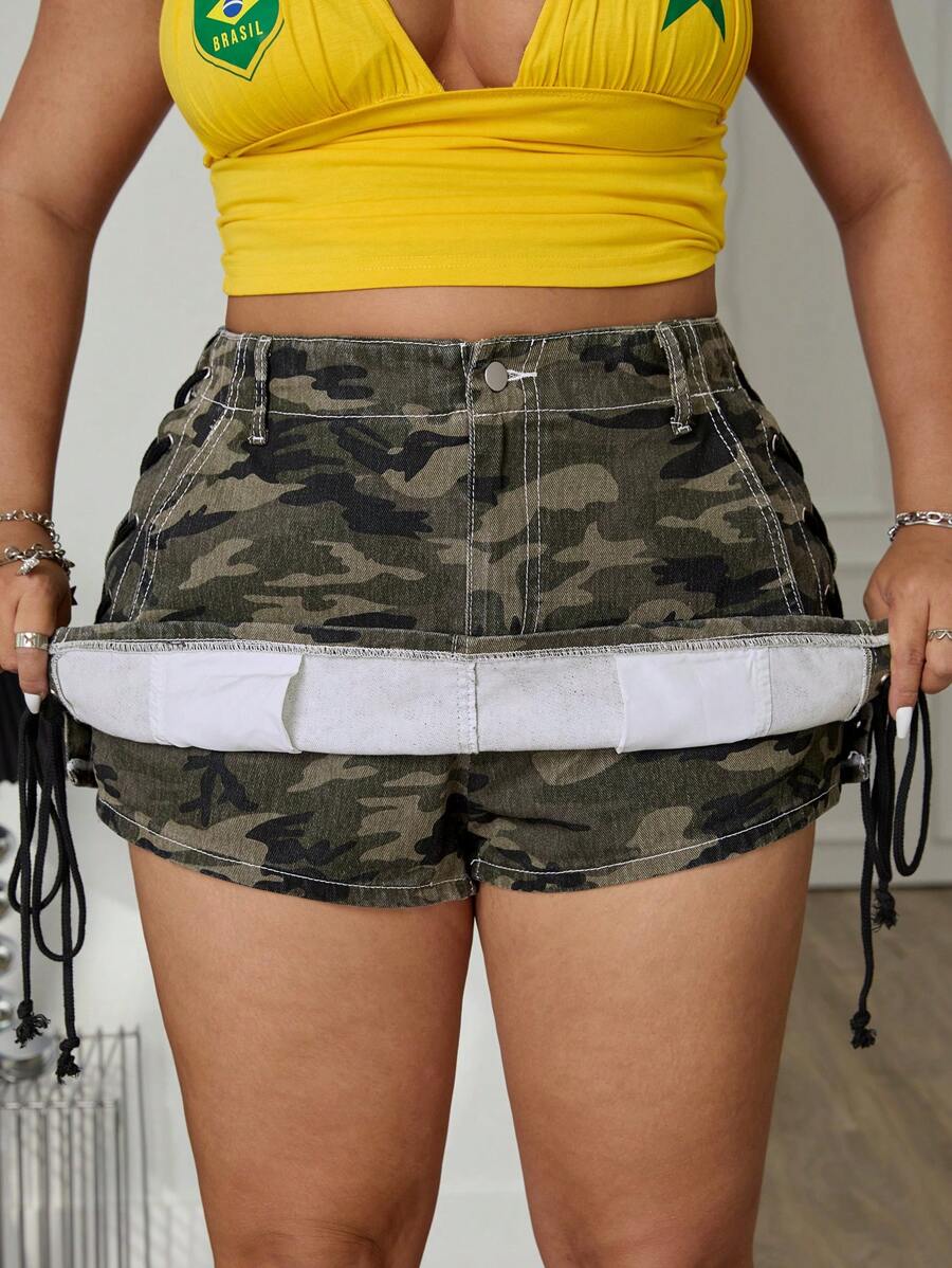 SHEIN ICON 大码迷彩印花高腰破洞牛仔短裤 - 彩色 - 查看 1