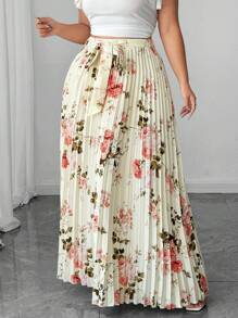 SHEIN Unity 大码女式优雅浪漫花卉印花腰部褶皱飘逸半身裙 - 彩色 - 查看 2