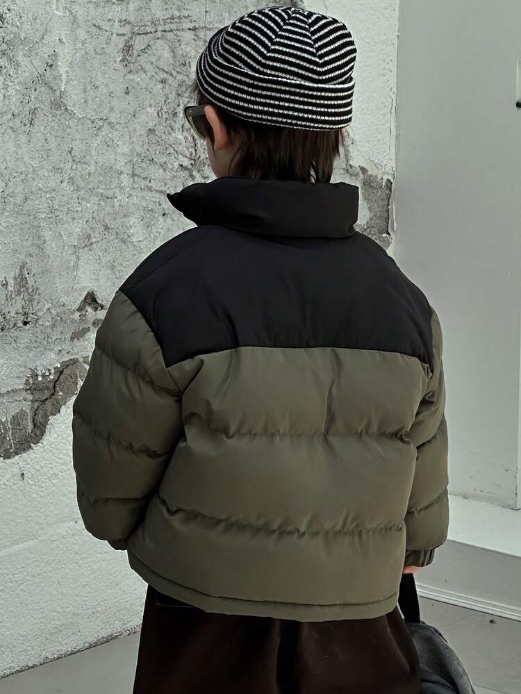 Young Boys Contrast Color Hooded Casual Padded Coat
