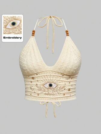 Plus Size Women Summer Boho, Hippie Vacation Style, Eye, Moon & Star Embroidery Vintage Apricot Knit Blouse