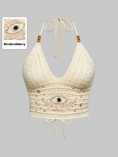 Hippie Blusa de punto vintage color albaricoque con bordados de ojo, luna y estrella en estilo boho, hippie y vacacional para mujer de talla grande