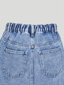 Denimly Fashion Casual Butterfly, Letter, Heart & Floral Printed Denim Mid-Length Skirt For Teenage Girls, Elastic Waist & Zipper Closure - Medium Wash - View 9