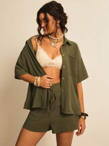 Freevana Plus Size Solid Color Button Front Collared Short Sleeve Top And Drawstring Pocket Shorts 2pcs Set,Holiday Outfits
