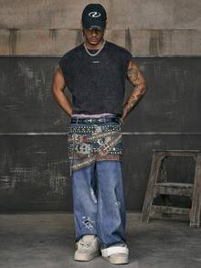 AXEPEAK 男式宽松数字印花圆领背心 - 黑色 - 查看 4