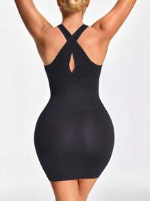 SHAPORA 女式纯色 V 领吊带背心式短款紧身连衣裙，休闲 - 黑色 - 查看 3