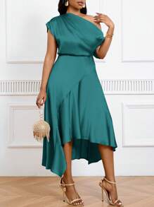 SHEIN Tall CURVE 加大码不对称下摆缎面收腰礼服，优雅晚礼服 - 青碧色 - 查看 4