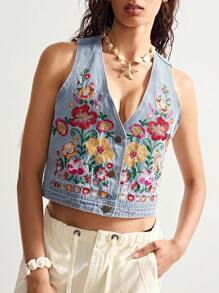 Bohemela Boho Vacation Style Sleeveless Crop Denim Embroidered Lightweight Jacket For Women Denim Vest Embroidered Vest Summer Vest In Fall/Winter - Blue - View 4