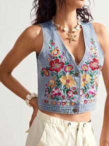 Bohemela Boho Vacation Style Sleeveless Crop Denim Embroidered Lightweight Jacket For Women Denim Vest Embroidered Vest Summer Vest In Fall/Winter - Blue - View 5