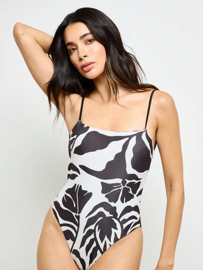 AiiRZ Tropical Print One Piece Swimsuit Beach Vacation Cross Back Spaghetti Strap Bathing Suit Resort Pool Summer Holiday Monochrome