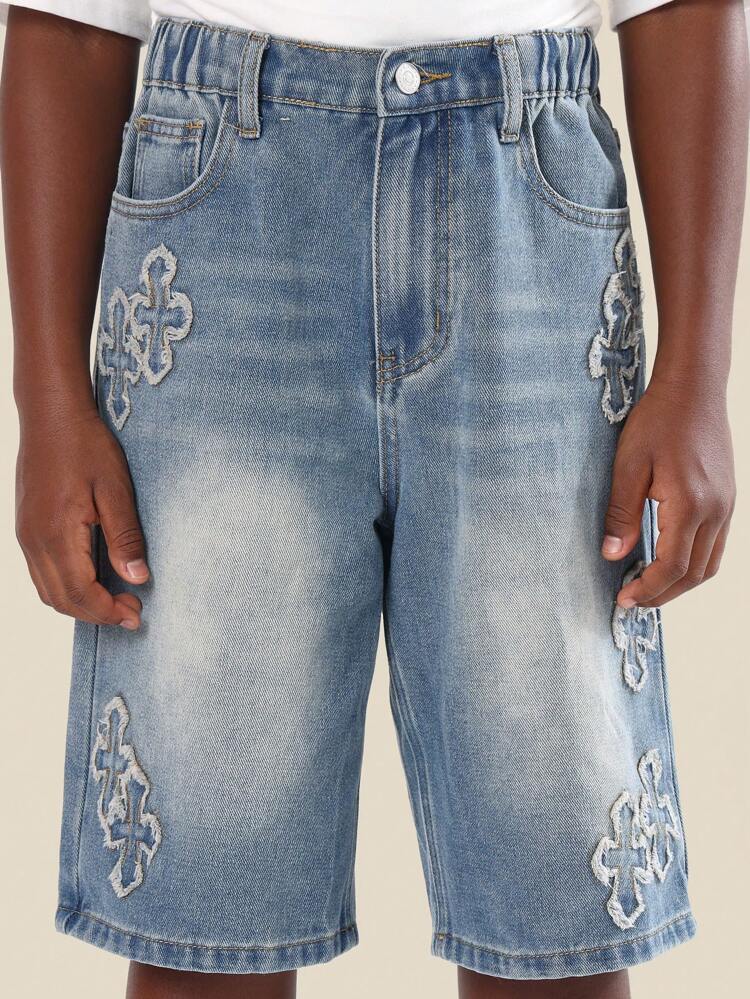 Vintage Style Cross Pattern Loose Fit Denim Shorts