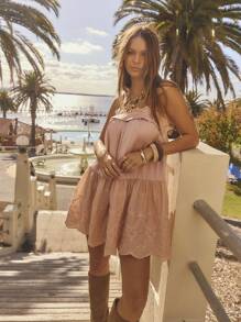 SHEIN Aralina-F Đầm dự tiệc Boho hở eo, thêu ren và vải dệt kim cho kỳ nghỉ đông - Bụi hồng - Xem 1