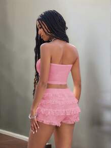 Slaydiva Sweet And Cute White Vest + White Lace & Ruffle Trim Low Waist Bodycon Mini Shorts Set - E - Pink - View 3
