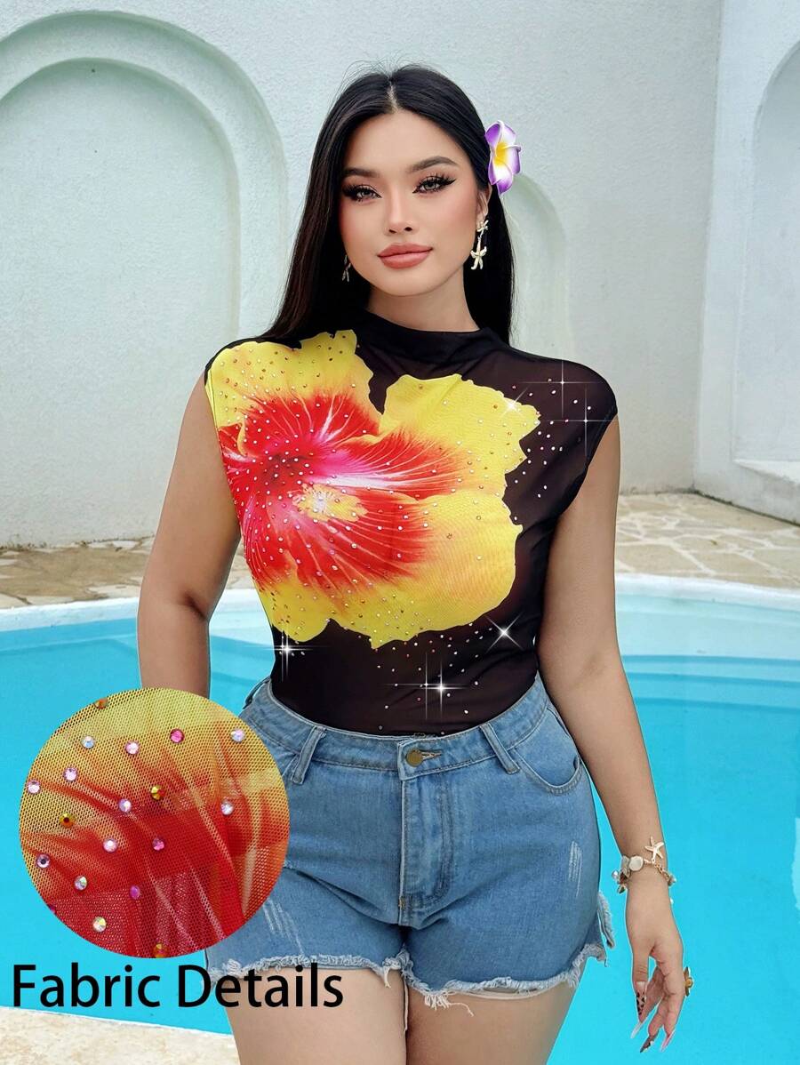 Sunnyshic Plus Size Women's Summer Solid Mesh Fabric High Neck 3D Floral Printed Women's Short Sleeve T-Shirt With Shiny Rhinestones - Black - View 1