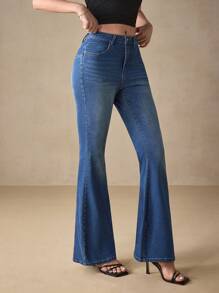 SHEIN EZwear Fashionable Embroidered Stretch Denim Flare Pants - Medium Wash - View 6