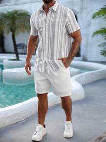 Manfinity RSRT Striped Print Front Button Casual Short Sleeve Shirt, Versatile For Summer - Multicolor - View 6