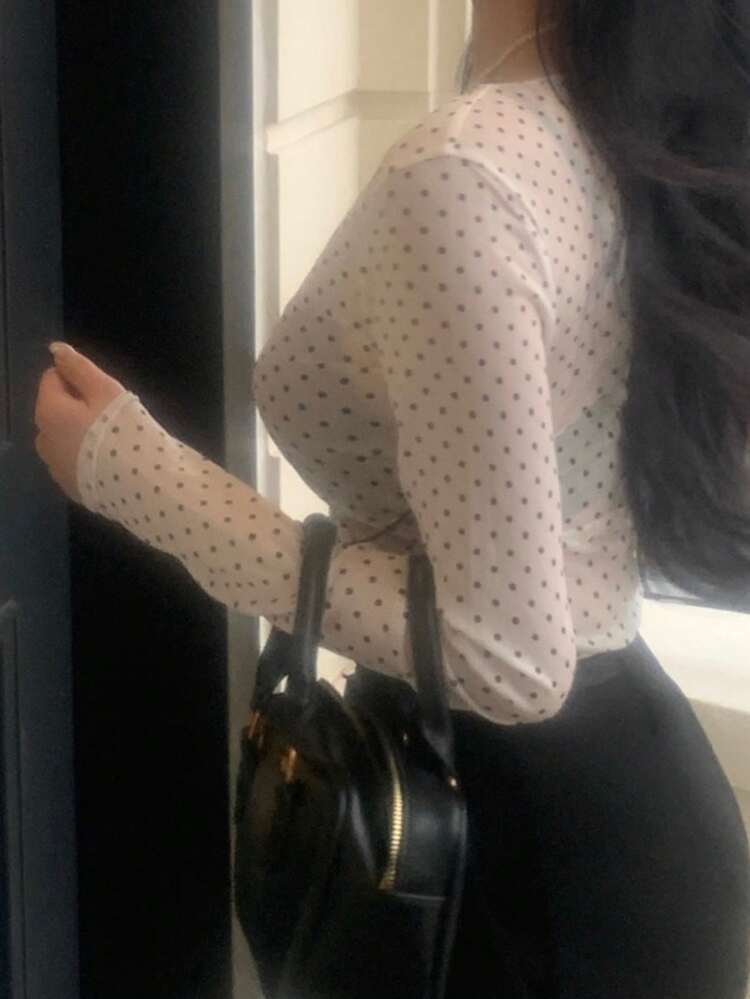 Tall Women's Elongated Scoop Neck Fitted Long Sleeve Semi-Sheer Polka Dot Elegant Casual Top