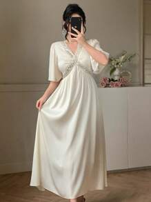 DAZY Women's Summer Elegant Beaded & Sequin Patchwork Short Sleeve Long Textured Fabric Cinched Waist Casual Vacation Boho Dress