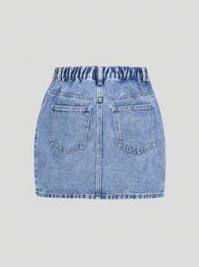 Denimly Fashion Casual Butterfly, Letter, Heart & Floral Printed Denim Mid-Length Skirt For Teenage Girls, Elastic Waist & Zipper Closure - Medium Wash - View 5