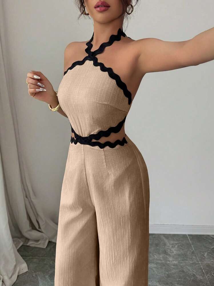 Selianne Monos de moda para mujer con diseño de empalme, textura de volantes ondulados y diseño calado - Caqui - Añade 1