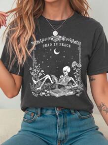 Calvaya Áo thun cổ tròn tay ngắn in hình rùa cỡ lớn thường ngày cho nữ - Màu xám đen - Xem 1