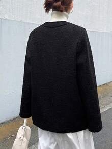 FRIFUL 女士前开襟纯色长袖圆领宽松秋冬外套粗花呢夹克女式衬衫式外套女式超大款外套圈圈呢夹克 - 黑色 - 查看 4